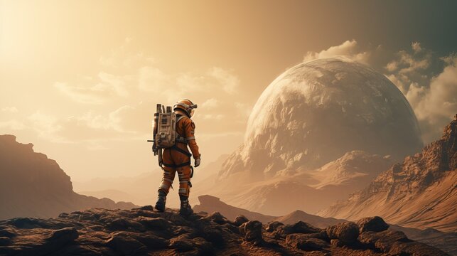 courageous astronaut explores mars: conquering challenges on the red planet's gas and rock-covered surface, a pivotal moment for humanity