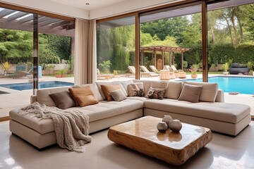 Beige leather corner sofa in room with big windows with view to patio and swimming pool. Interior design of modern living room in luxury villa. - Powered by Adobe