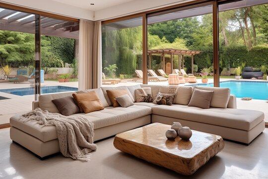 Beige Leather Corner Sofa In Room With Big Windows With View To Patio And Swimming Pool. Interior Design Of Modern Living Room In Luxury Villa.