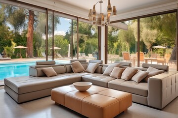 Beige leather corner sofa in room with big windows with view to patio and swimming pool. Interior design of modern living room in luxury villa. - obrazy, fototapety, plakaty