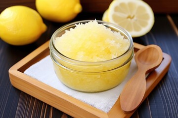 a bowl of homemade lemon sugar scrub on bamboo mat