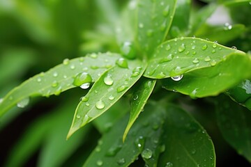 close-up of water droplets from irrigation on leaves