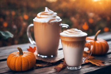 decoration for Halloween, still life, a cup of hot latte and pumpkins on an old wooden table against the background of beautiful autumn nature at sunset