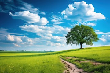 Beautiful bright colorful summer spring landscape with lonely tree on field, fresh green grass on meadow and blue sky with clouds