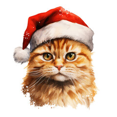 Cat Wearing Santa Hat For Christmas Event. Watercolor Style. AI Generated