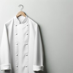 A daring chef, donning a crisp white coat with its stiff collar and neat sleeves, confidently buttons up before stepping into the swinging world of culinary fashion, where walls become runways and in