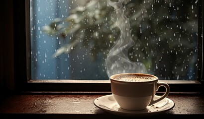 Cozy morning coffee. Tea cup on wooden table. Invigorating start. Hot espresso in rainy day. Coffeehouse atmosphere. Cappuccino mug by window
