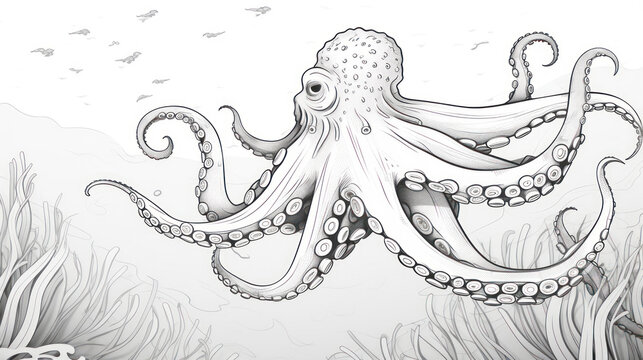Octopus coloring book page at underwater scene in line art hand drawn style for teens