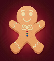 Funny cheerful cartoon gingerbread man with buttons and bow tie glaze. Christmas symbol. Happy Merry Christmas and Happy New Year