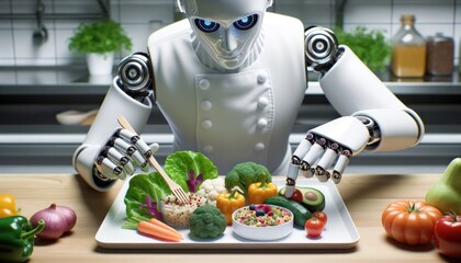 Fototapeta premium A mechanical marvel indulges in a colorful spread of toy-inspired fruits and indoor-grown vegetables, savoring every byte with an insatiable appetite and a touch of whimsy