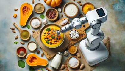 A metallic masterpiece, the robot delicately balances a bowl of delectable food, creating a harmonious blend of art and sustenance