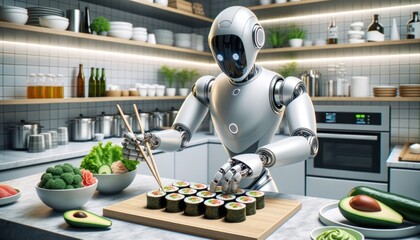 Amidst the cozy chaos of a bustling kitchen, a sleek robot delicately wields chopsticks to savor the delicate flavors of sushi - obrazy, fototapety, plakaty