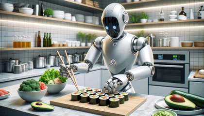Foto op Canvas Amidst the cozy chaos of a bustling kitchen, a sleek robot delicately wields chopsticks to savor the delicate flavors of sushi © mockupzord