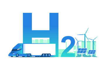 The concept of using hydrogen as a fuel for cars. Hydrogen production infrastructure and car. Vector illustration..