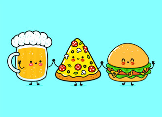 Cute, funny happy glass of beer, pizza and hamburger. Vector hand drawn cartoon kawaii characters, illustration icon. Funny cartoon glass of beer, pizza and hamburger mascot friends concept
