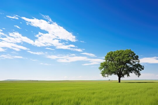 a lone tree in an open green field