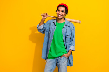 Photo of cheerful cool stylish guy sporty player wear trendy jeans clothes look empty space...