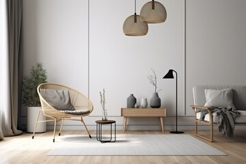 Scandinavian interior with home decor mockup, 3D rendered illustration. Generative AI
