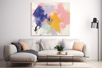 a pastel-colored abstract painting on a minimalist white wall