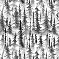 Misty spruce forest, hand-drawn. A mystical atmospheric landscape. Black and white seamless illustration. Interior design, photo wallpapers, covers, screensavers, book illustrations.