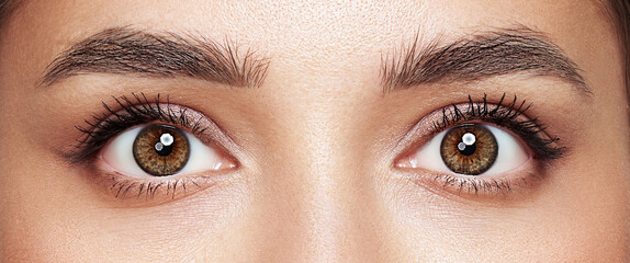 Beautiful female eyes with long eyelashes. Eyelash extensions. Makeup, cosmetics, beauty. Close up, macro