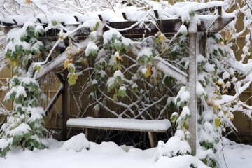 snowy trellis with clinging winter ivy