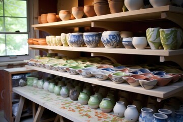 painted pottery drying on clay work-station shelves