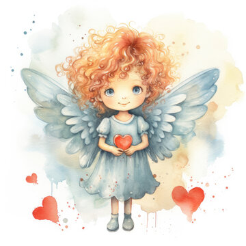 Cute curly angel with wings and heart watercolor illustration