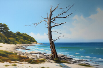 Seaside Tranquility: An Oil Painting of an Old Tree by the Turquoise Waters of the Beach