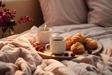 Fototapeta na wymiar Delicious sweet breakfast food with coffee on bed. Meal organic snack traditional dessert. Generate Ai