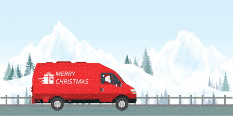 Santa Claus driving a red courier van under the snow. © Zentangle