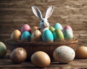 easter eggs in a basket on wooden background