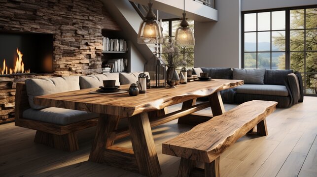 A natural solid wood live-edge dining table and bench are featured in a cozy room, representing Scandinavian home interior design of the modern living room
