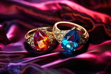 wedding rings on a colorful gemstone under studio lights