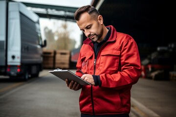 Delivery man checking list on clipboard. Working male list occupation industry. Generate Ai