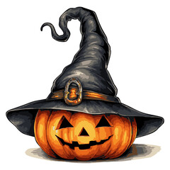 Halloween pumpkin with witch hat. Scary pumpkin lantern with evil smile. Jack-O-lantern. Vector illustration isolated on white. Transparent png - obrazy, fototapety, plakaty