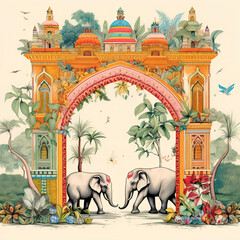 Mughal arch. Indian elephants. Decorative painting with elephants and plants - obrazy, fototapety, plakaty