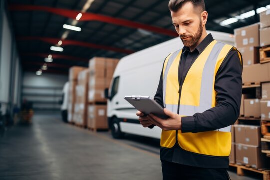 Delivery man checking list on clipboard document. Vehicle freight commerce auto parking. Generate Ai