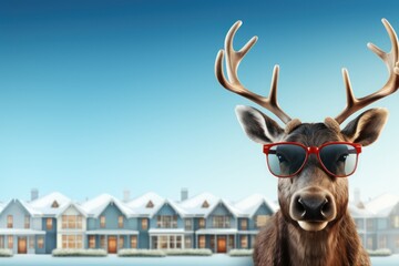 A funny reindeer with sunglass christmas greeting card template. Generative AI. - obrazy, fototapety, plakaty