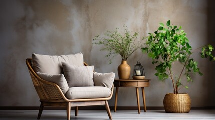 A rattan chair sits on a hardwood floor near a potted houseplant against a concrete wall with an empty frame with copy space, adding a touch of nature to the Scandinavian home interior design