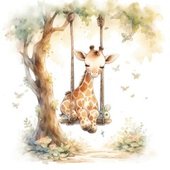 Cute baby giraffe on swings on the tree in watercolor style.