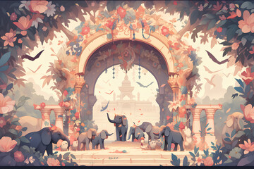 Mughal arch. Indian elephants. Decorative painting with elephants and plants