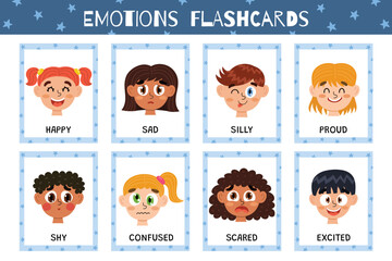 Emotions flashcards collection. Flash cards set with cute kids characters for practicing reading skills. Learn feelings vocabulary for school and preschool. Vector illustration