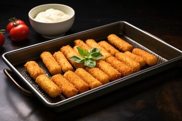 mozzarella sticks on a stainless steel tray