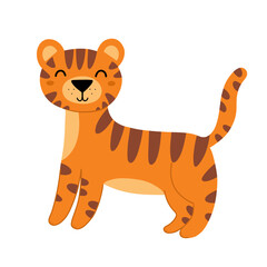 Cute tiger character in cartoon style isolated on white background. Funny safari animal for kids design. Vector illustration