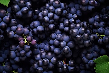 Flat lay background of vines, lots of organic blue dark grapes. - obrazy, fototapety, plakaty