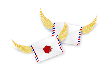 Obraz premium Paper envelope with golden angel wings. Letters Be my Valentine. White envelope with wings. Realistic 3d design congratulations mail, falling envelope. Vector