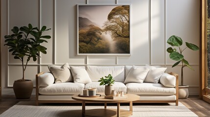 A round coffee table is positioned near a white corner sofa with terracotta cushions, near a paneling wall with an art poster, exemplifying Scandinavian home interior design in the modern living room