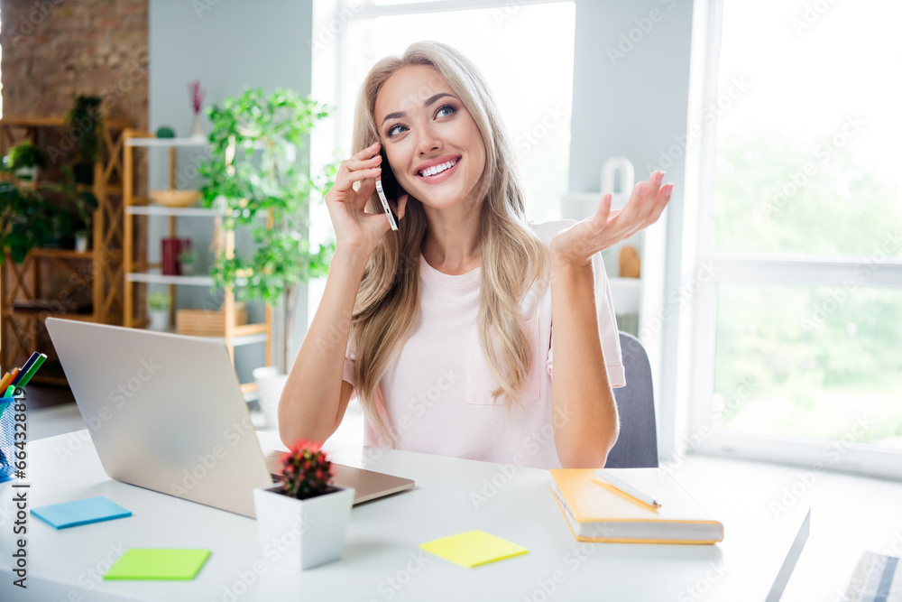 Sticker photo portrait of pretty young girl working talk phone freelancer comfortable workplace stylish inte