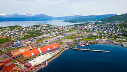 Narvik, Norway - June 20, 2023: Narvik harbor and city centre in Norway seen from the air